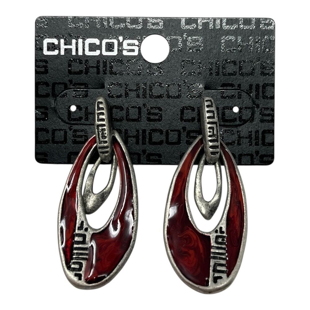 Chico’s Statement Earrings NWT Red Silver Tone Modern